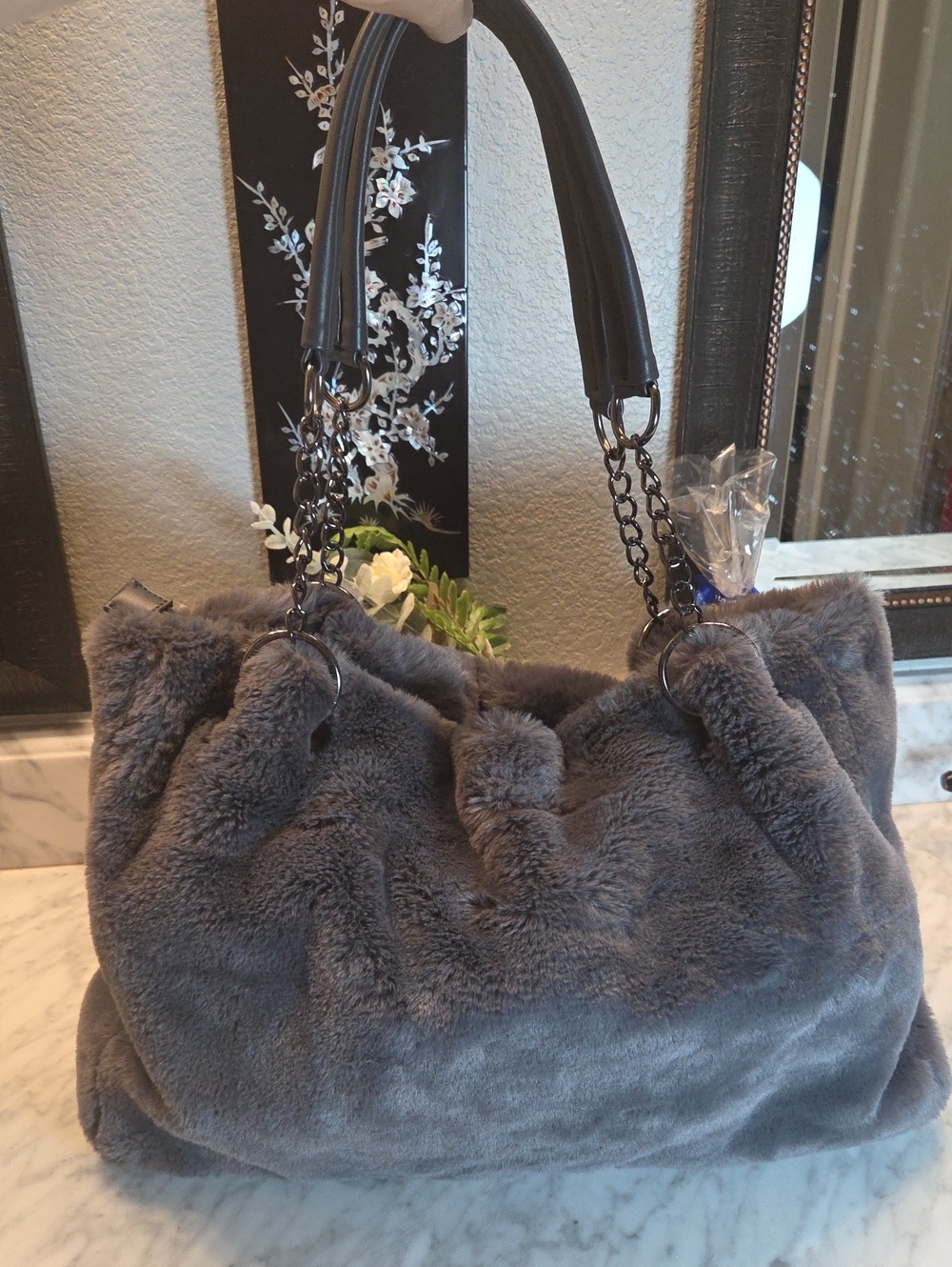 EUC Expressions NYC Faux Fur Tote Bag in Charcoal - Elegant Everyday Handbag